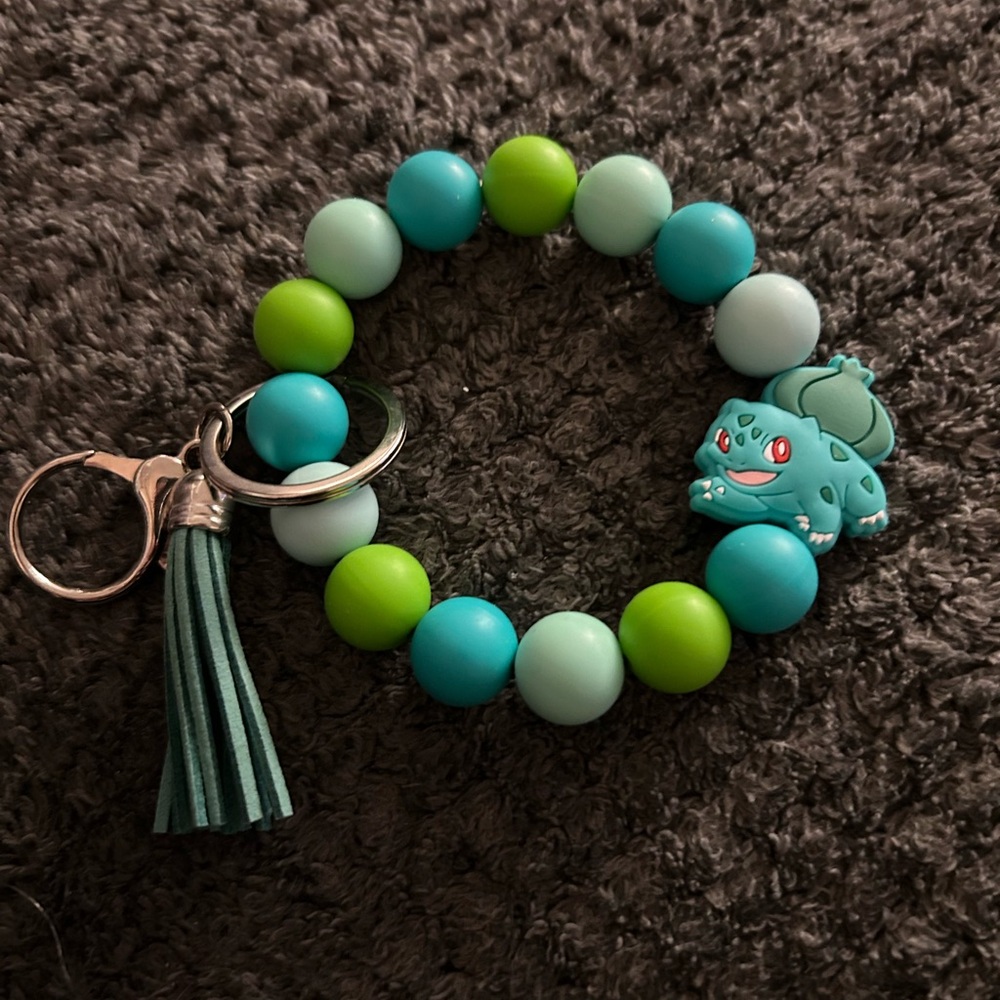 Teal & Lime Beaded Keychain Bracelet with Bulbasaur Charm